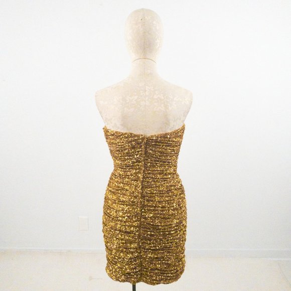 Vintage 90s SM Ruched Sequin Mini Party Dress Gold - Picture 6 of 16